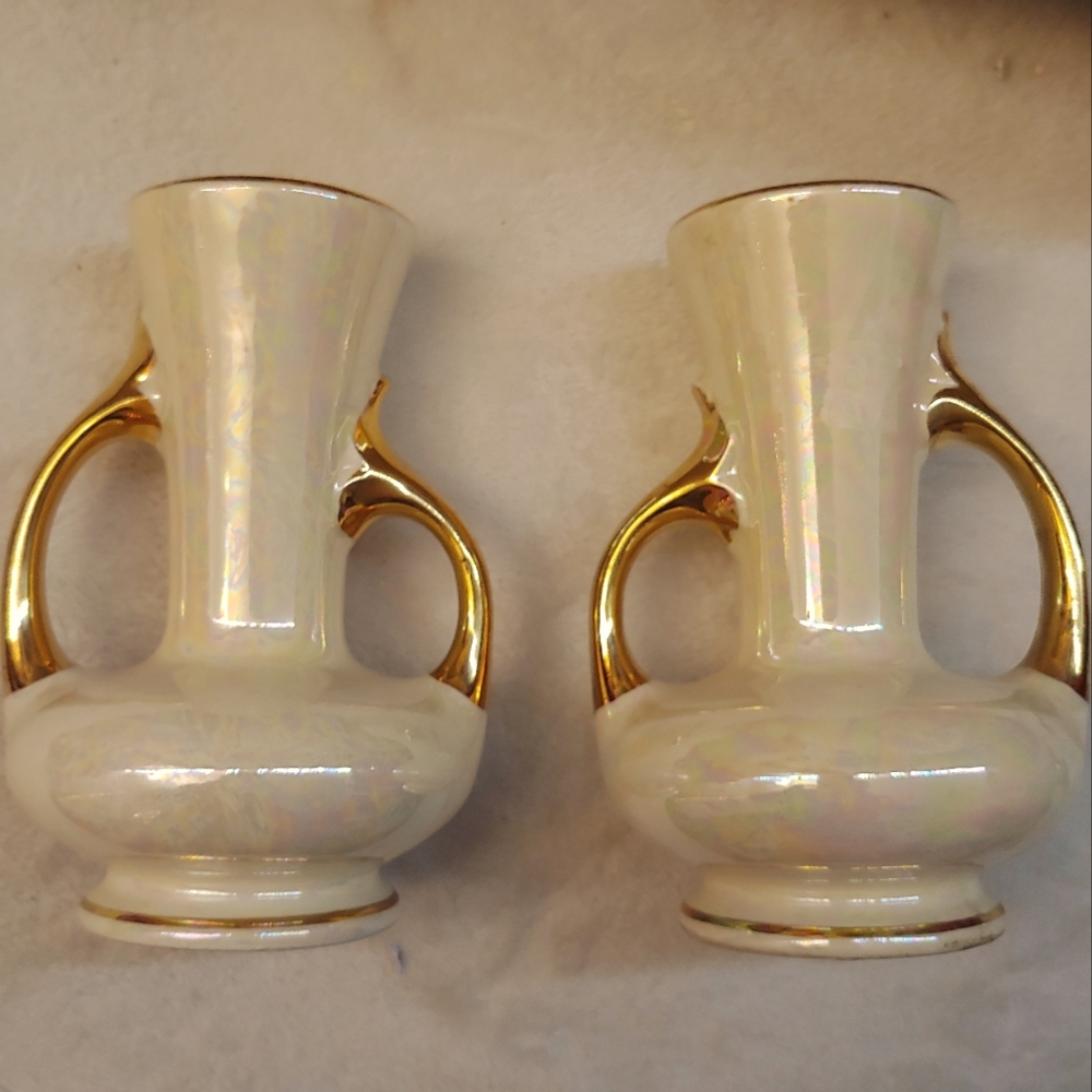 Vintage Set of Pearl vases hand decorated 22 karat gold